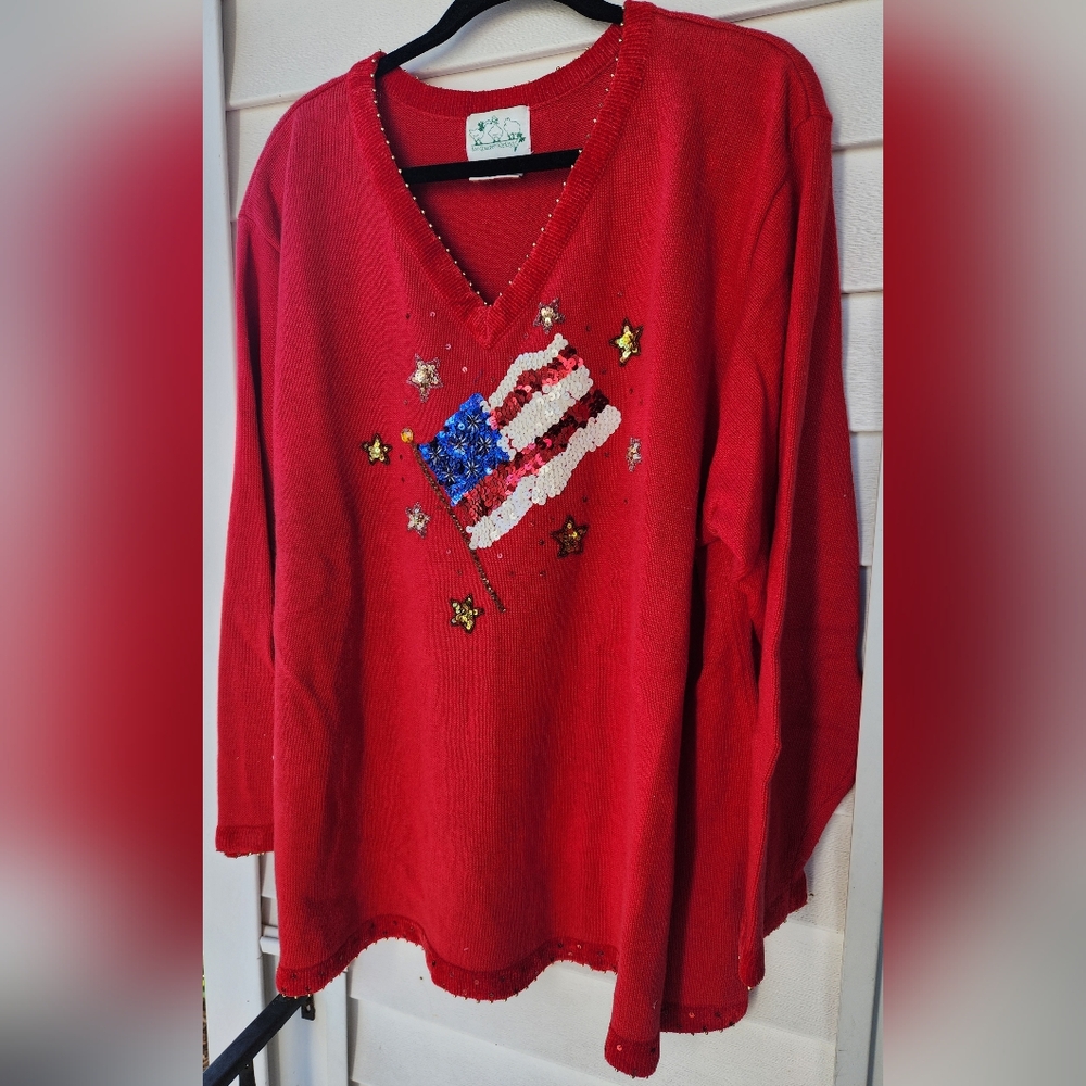 Quacker Factory Red American Flag Sequin  Star Bead Top Sweater 3X